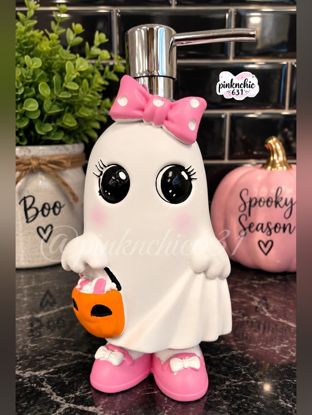 Pink Blushing Ghost Statue Halloween Handsoap Dispenser W Coquette Bow